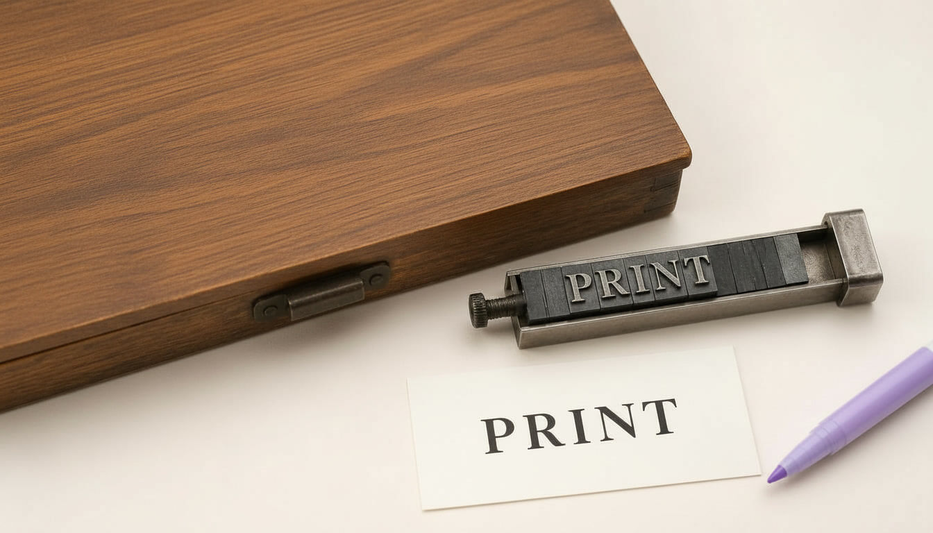 Наборная верстатка со словом PRINT из металлических литер и готовый оттиск того же слова на карточке рядом